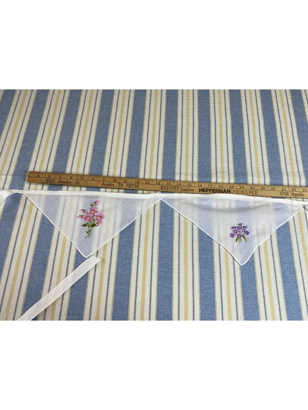 Vintage Handkerchief Bunting Garland Hankie Banner Handmade Flowers Pink Purple